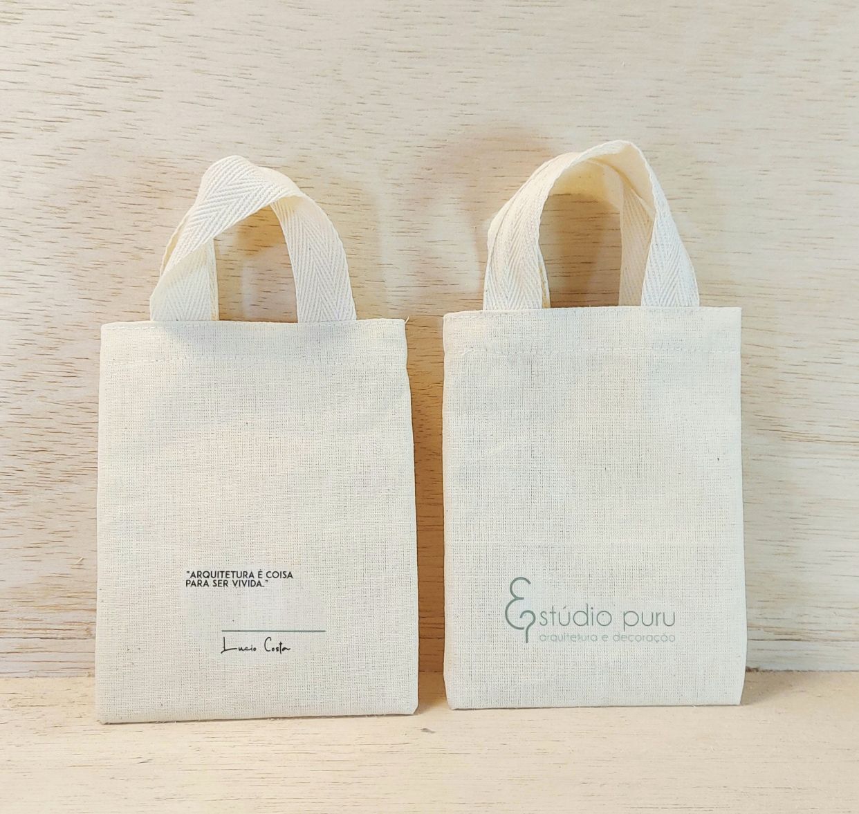 Sacolinha Minibag Impressão Frente e Verso - Arquitetura - Logotipo - Personalizada - Estampa Padrão - Algodão Cru - Brinde Personalizado