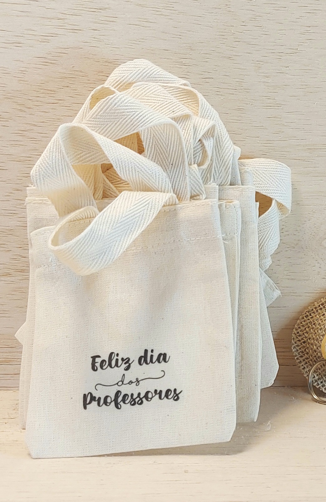 Sacolinha Minibag Feliz Dia dos Professores - Personalizada - Estampa Padrão - Algodão Cru - Lembrancinha Dia dos Professores