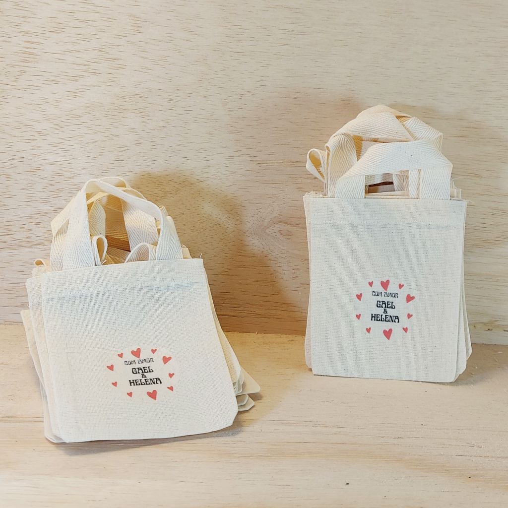 Sacolinha Minibag Casal de Gêmeos - Personalizada - Estampa Padrão - Algodão Cru - Lembrancinha de Nascimento
