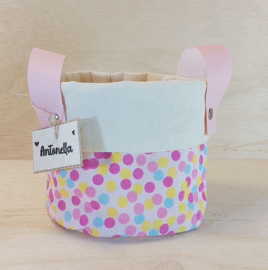 Cesto de Lona e Tecido - Quarto do Bebê - Rosa Bolinhas Coloridas - Cesta de Presentes - Personalizado
