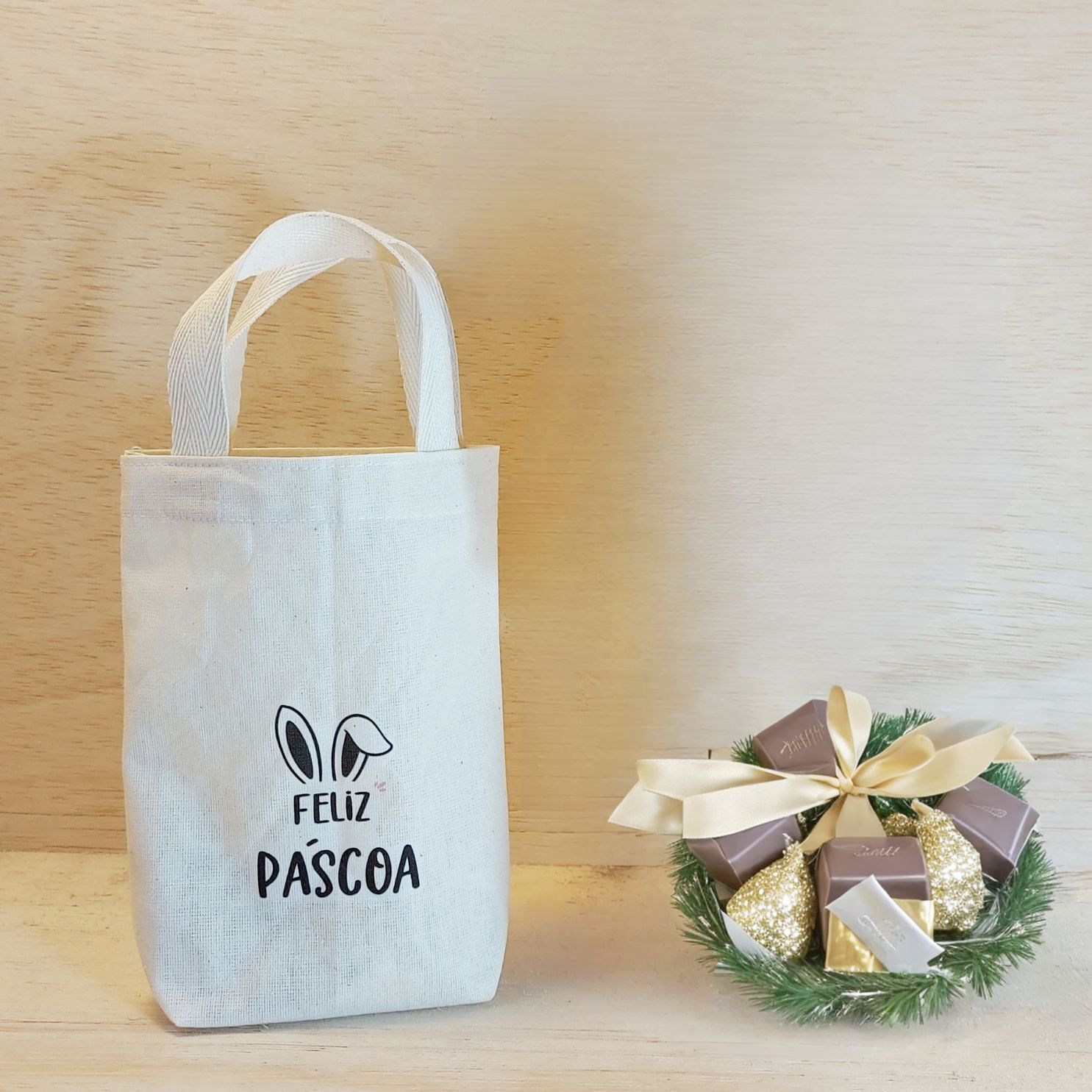 Sacolinha Minibag Orelhinhas - Páscoa - Personalizada - Estampa Padrão - Algodão Cru - Lembrancinha
