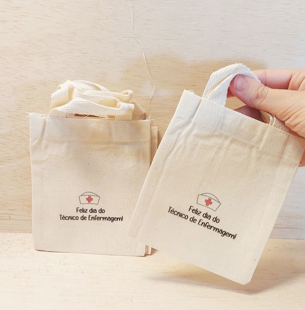 Sacolinha Minibag Dia do Técnico de Enfermagem - Personalizada - Estampa Padrão - Algodão Cru - Brinde