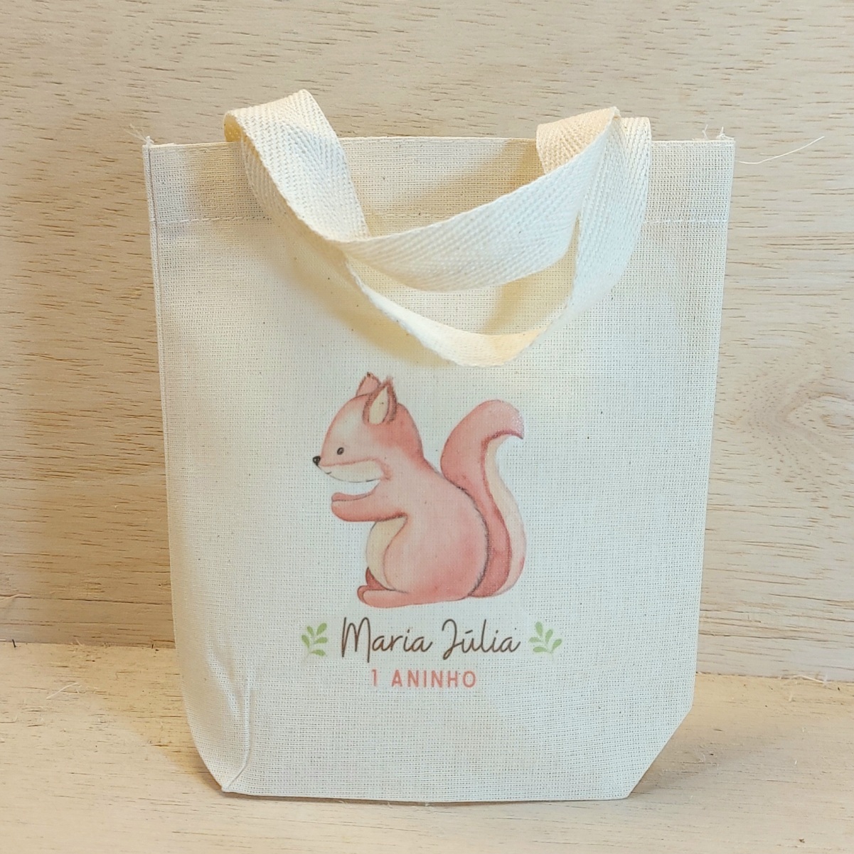 Sacolinha Minibag Esquilo - Bosque - Estampa Grande - Personalizada - Estampa Grande - Algodão Cru - Lembrancinha de Aniversário