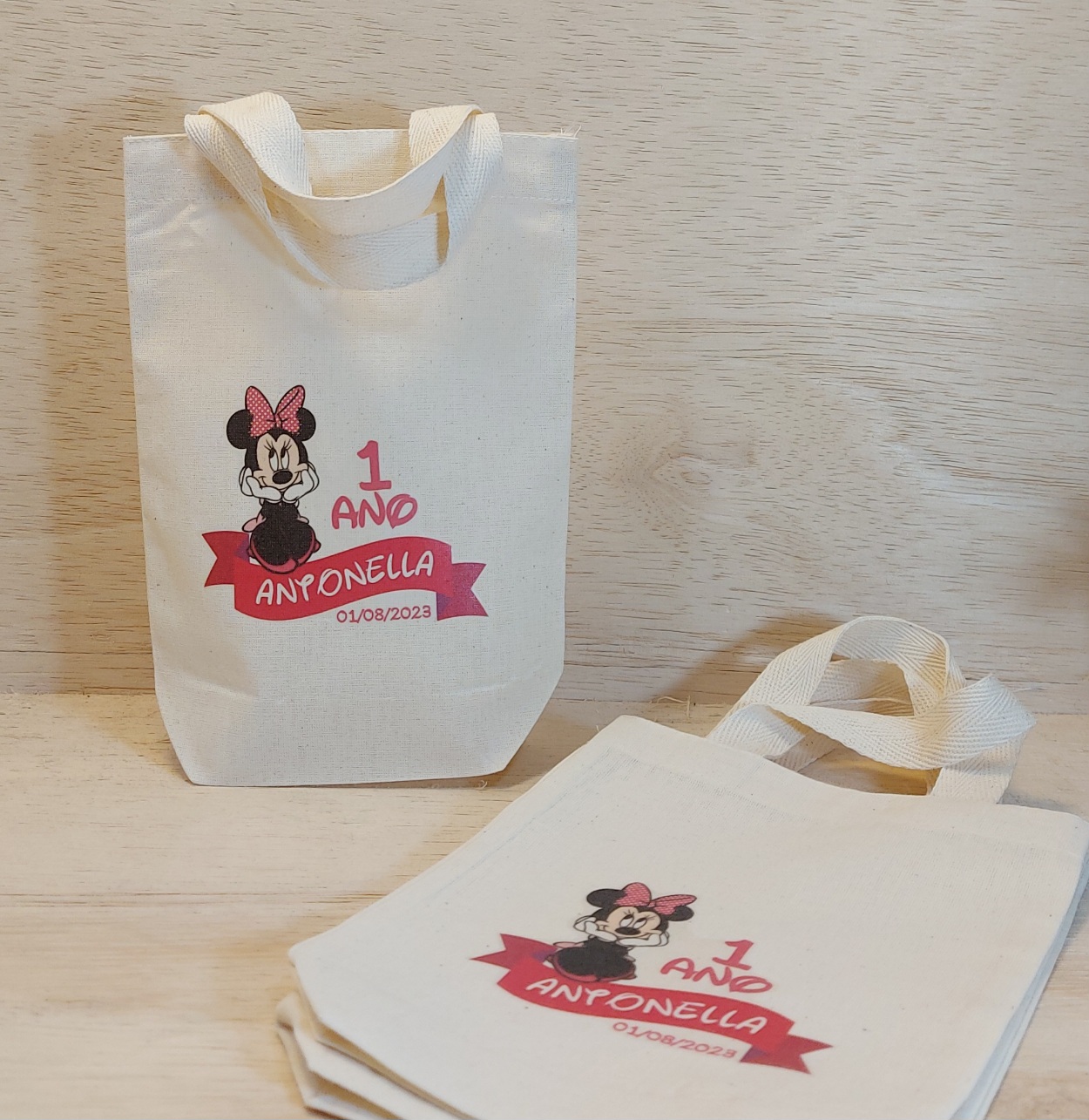 Sacolinha Minibag Minnie - Personalizada - Estampa Grande - Algodão Cru - Lembrancinha de Aniversário