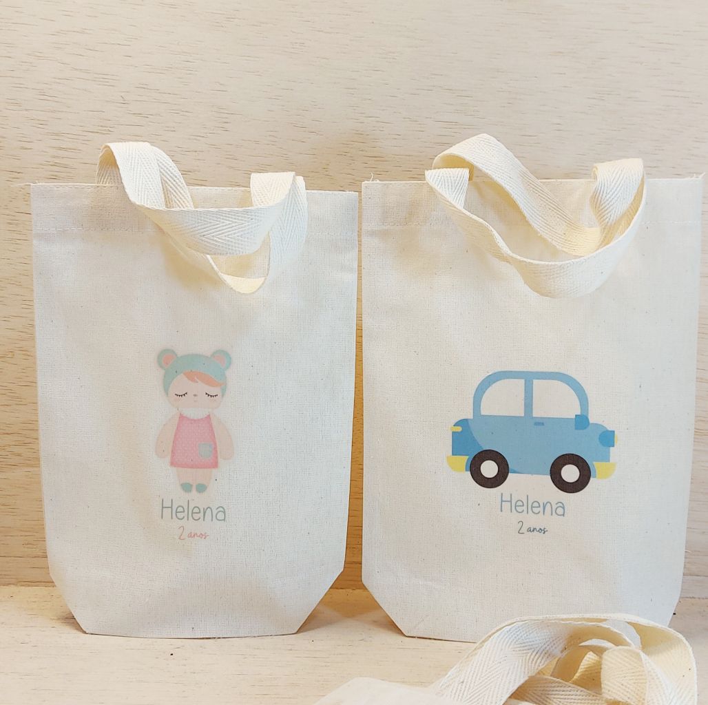 Sacolinha Minibag Carrinho e Boneca - Personalizada - Estampa Padrão - Algodão Cru - Lembrancinha de Aniversário