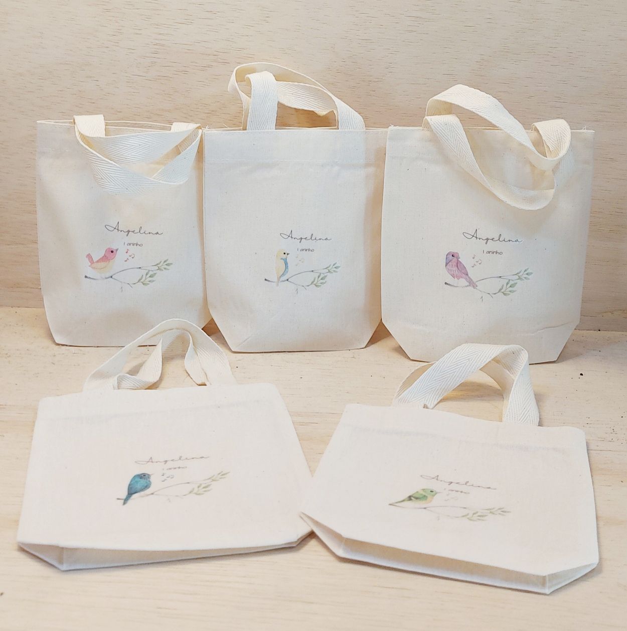 Sacolinha Minibag Pássaros - Aquarelado - Personalizada - Estampa Padrão - Algodão Cru - Lembrancinha de Aniversário