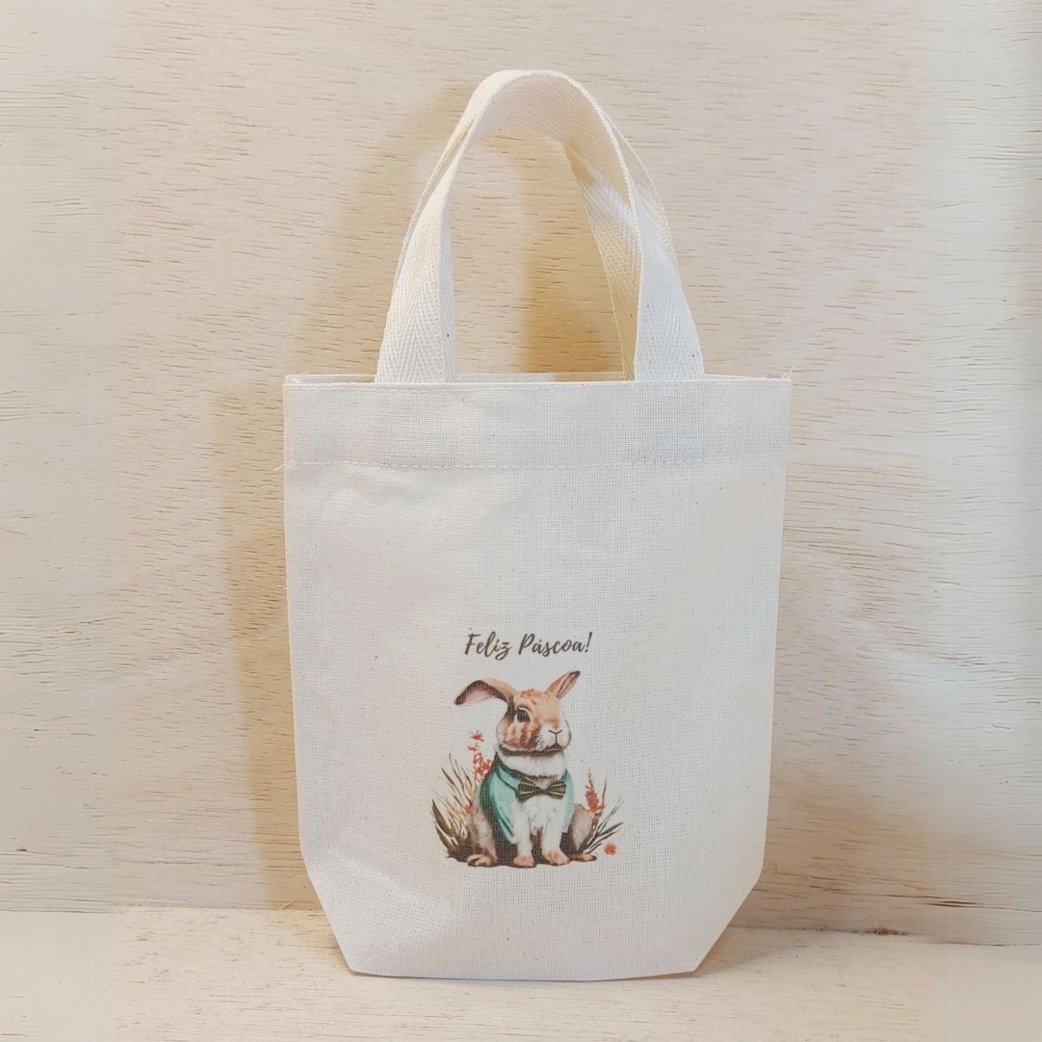 Sacolinha Minibag Coelhinho de Gravata - Personalizada - Estampa Padrão - Algodão Cru - Lembrancinha