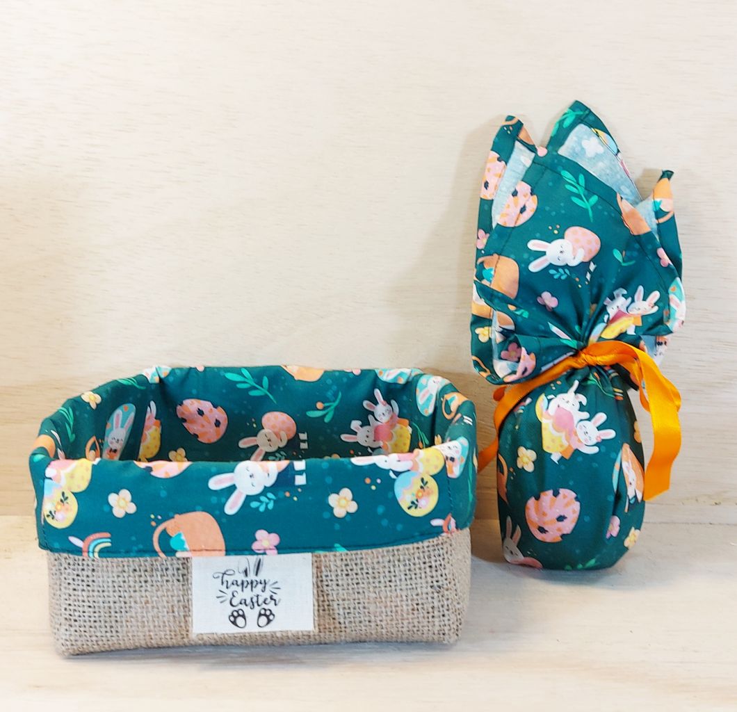 Kit Desconto Embrulho de Páscoa com Cesta 20cm - Coelhinhos e Ovinhos - Verde - Tecido - Embalagem para Ovo de Páscoa