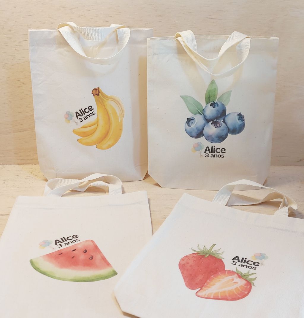 Sacolinha Minibag Frutas - Aquarelado - Personalizada - Estampa Grande - Algodão Cru - Lembrancinha de Aniversário