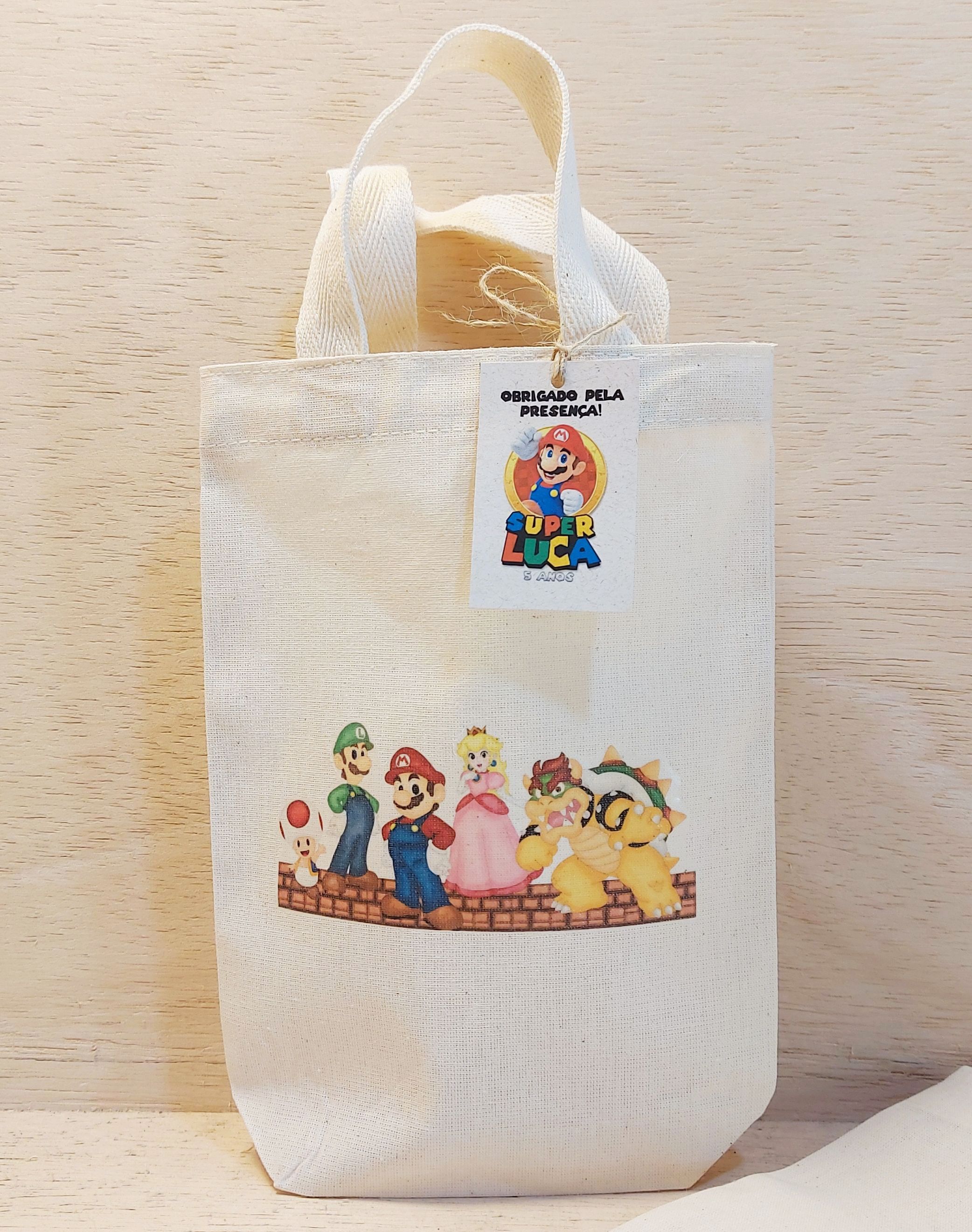Sacolinha Minibag com Tag - Mario Bros - Videogame - Personalizada - Estampa Grande - Algodão Cru - Lembrancinha de Aniversário
